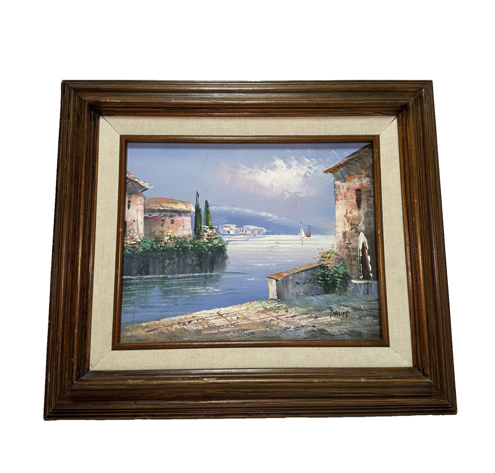 Signed Mediterranean Coastal Oil Painting on Canvas Framed 15x13 Sailboats
